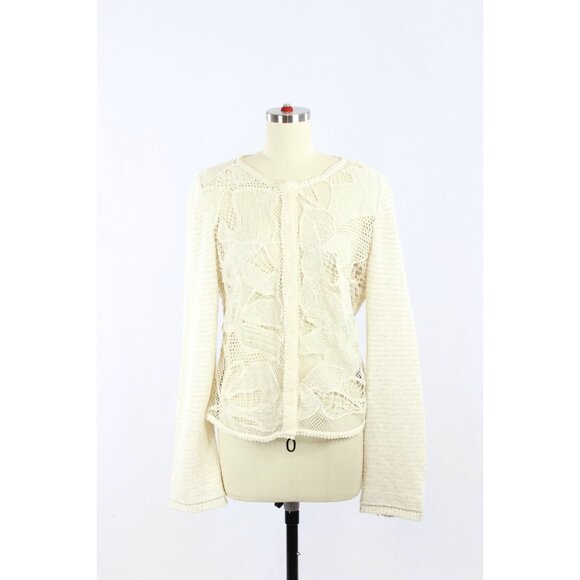 ZARA Ecru Ivory Contrast Cotton Blend Lace Knit Cardigan Sweater, Size XL - Picture 1 of 16